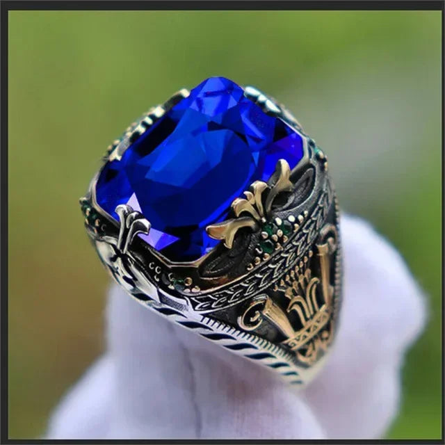 Retro Handmade Turkish Signet Rings for Men Ancient Silver Color Carved Ring
