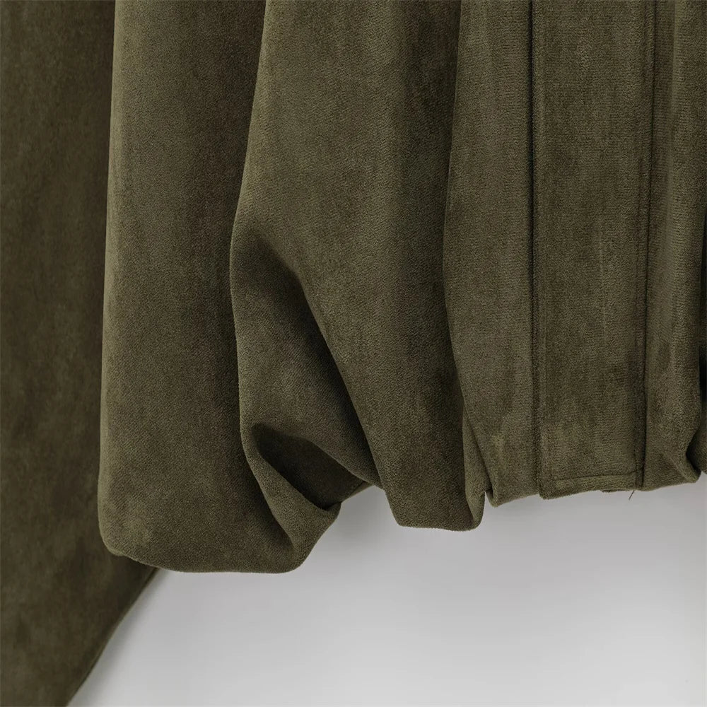 PB&ZA 2025 Women Faux Suede Collared Jacket with Shoulder Straps Loose Fit Stylish Olive Green for Sale on AliExpress