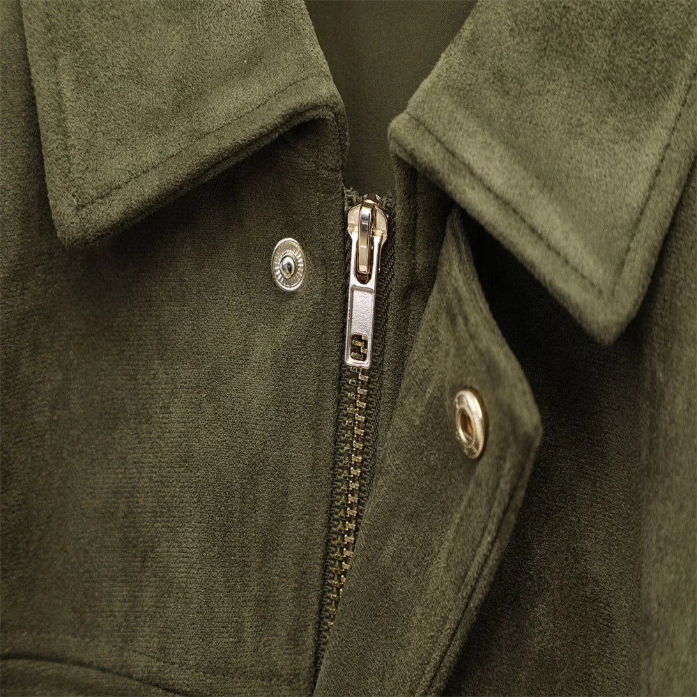 PB&ZA 2025 Women Faux Suede Collared Jacket with Shoulder Straps Loose Fit Stylish Olive Green for Sale on AliExpress