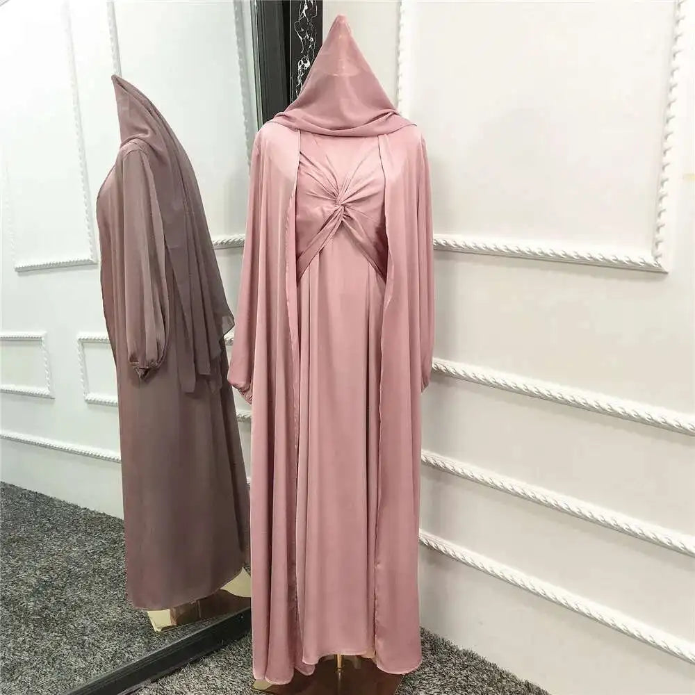 Muslim Hijab Dress Eid Satin Abayas 3 Piece Matching Sets Women Open Turkey Arab Robe Kaftan Kimono Femme Jalabiya Vestidos Gown