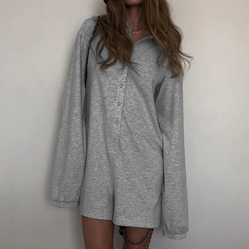 Weekeep Streetwear Grey Loose Rompers Fashion Button Up Full Sleeve Women Playsuits y2k Aesthetic Ladies Solid Outfits Harajuku