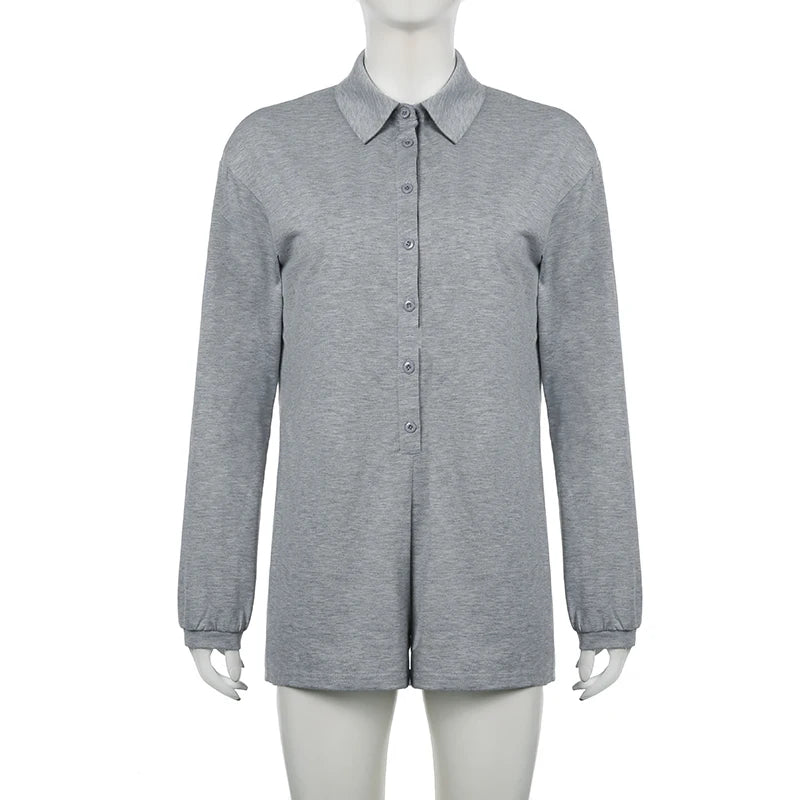 Weekeep Streetwear Grey Loose Rompers Fashion Button Up Full Sleeve Women Playsuits y2k Aesthetic Ladies Solid Outfits Harajuku