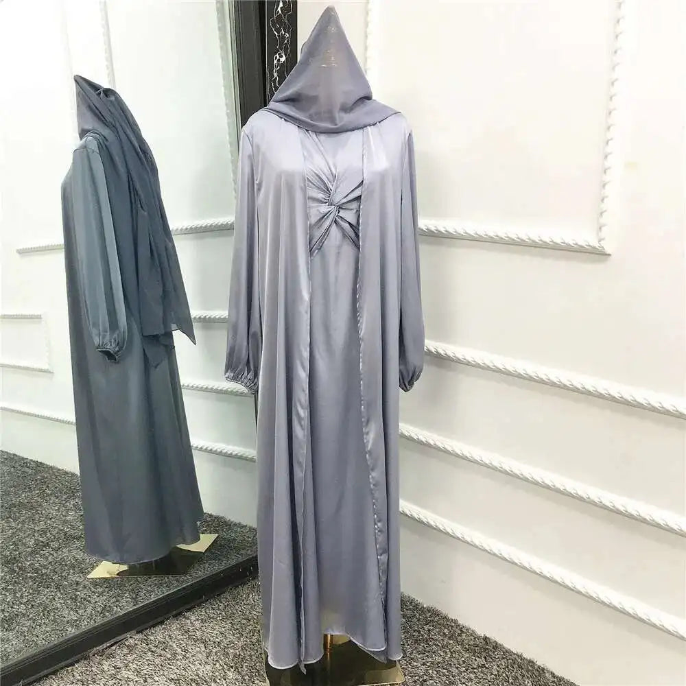 Muslim Hijab Dress Eid Satin Abayas 3 Piece Matching Sets Women Open Turkey Arab Robe Kaftan Kimono Femme Jalabiya Vestidos Gown