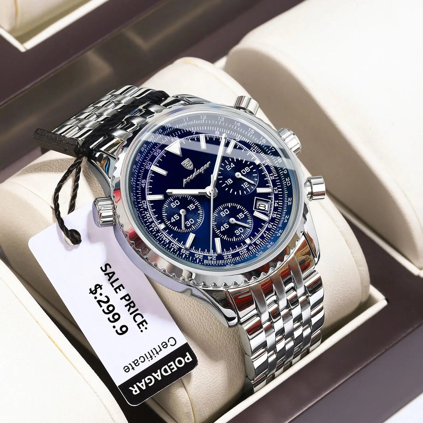 POEDAGAR Business Man Watch Chronograph Date Waterproof Luminous Men's Watches Stainless Steel Trendy Quartz Male Wristwatch Box