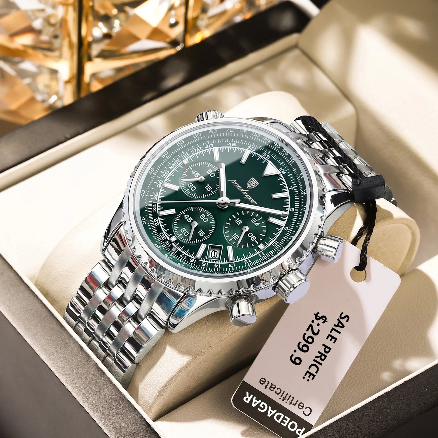 POEDAGAR Business Man Watch Chronograph Date Waterproof Luminous Men's Watches Stainless Steel Trendy Quartz Male Wristwatch Box