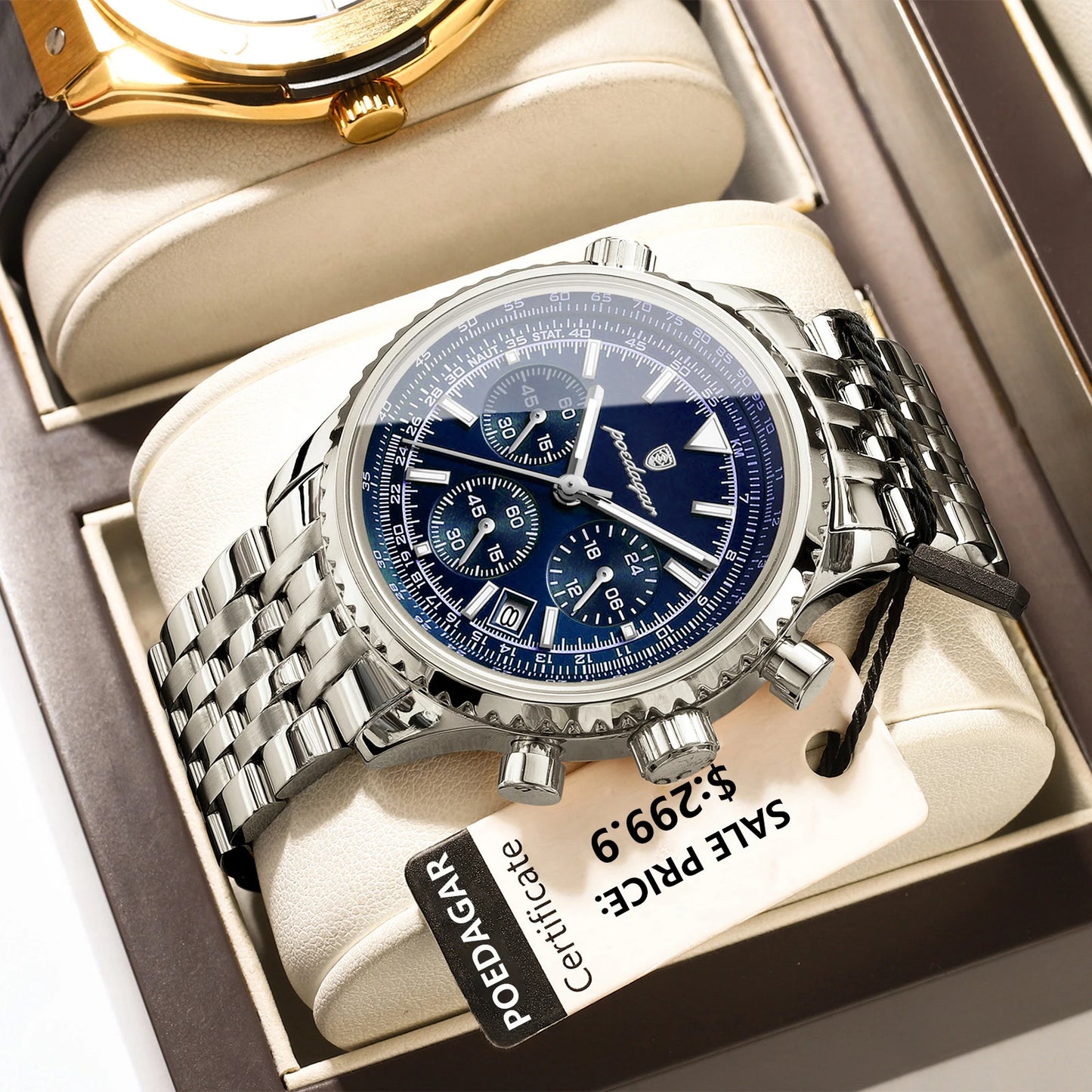 POEDAGAR Business Man Watch Chronograph Date Waterproof Luminous Men's Watches Stainless Steel Trendy Quartz Male Wristwatch Box