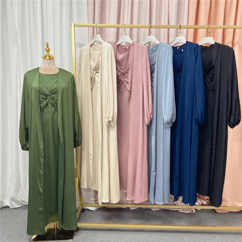 Muslim Hijab Dress Eid Satin Abayas 3 Piece Matching Sets Women Open Turkey Arab Robe Kaftan Kimono Femme Jalabiya Vestidos Gown