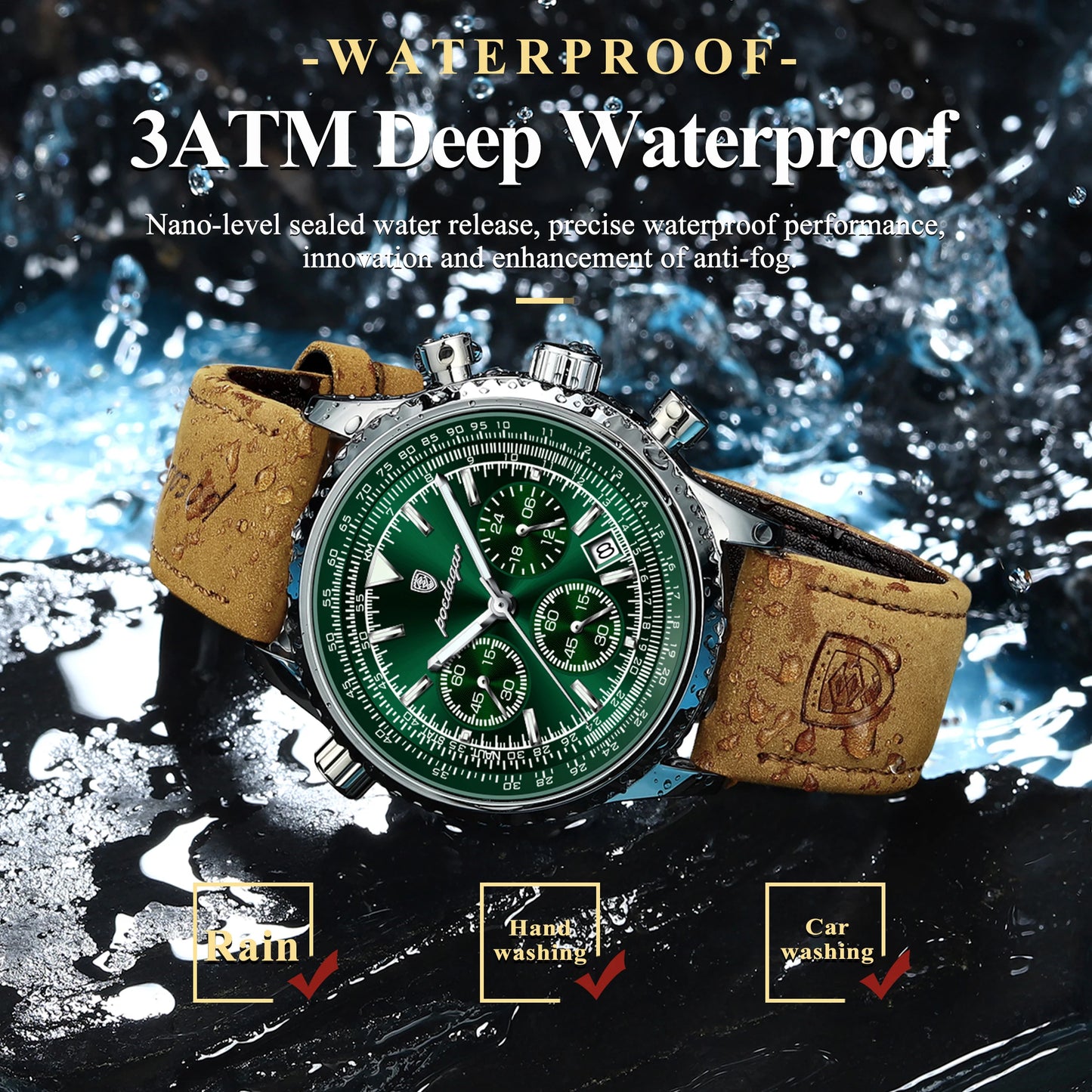 POEDAGAR Luxury Man Watch Quartz Waterproof Luminous Date Chronograph Leather Men Wristwatch