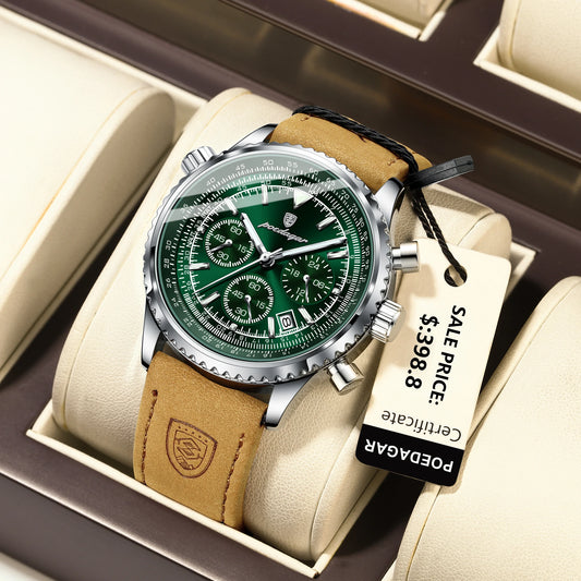 POEDAGAR Luxury Man Watch Quartz Waterproof Luminous Date Chronograph Leather Men Wristwatch