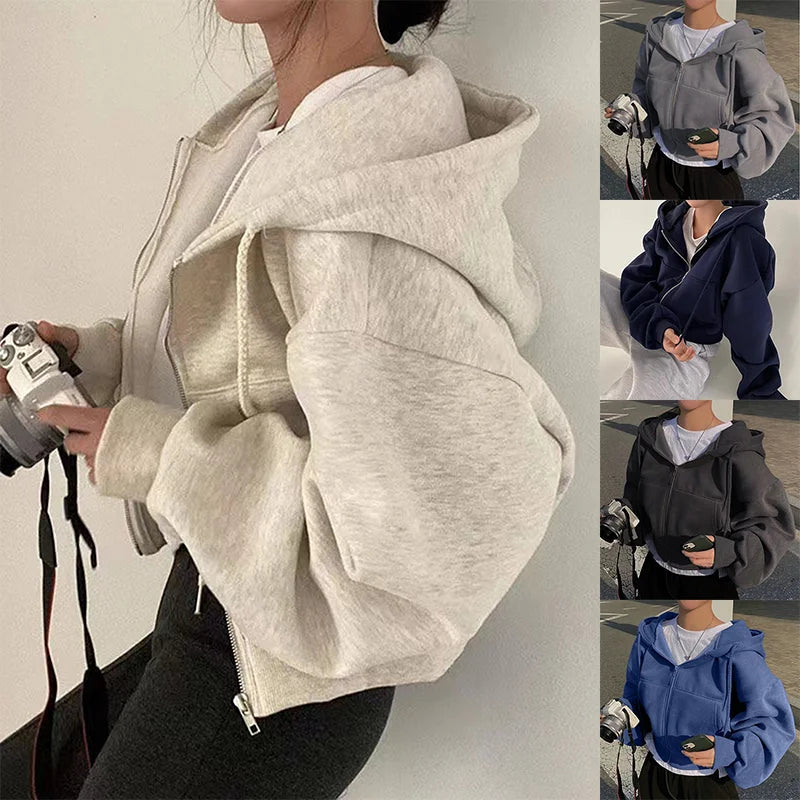 Silhouette Zip-up Warm Navy Blue Hooded Sweatshirt Women