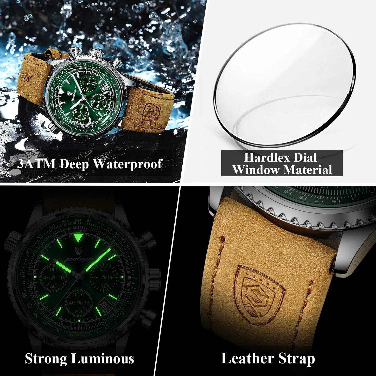 POEDAGAR Luxury Man Watch Quartz Waterproof Luminous Date Chronograph Leather Men Wristwatch