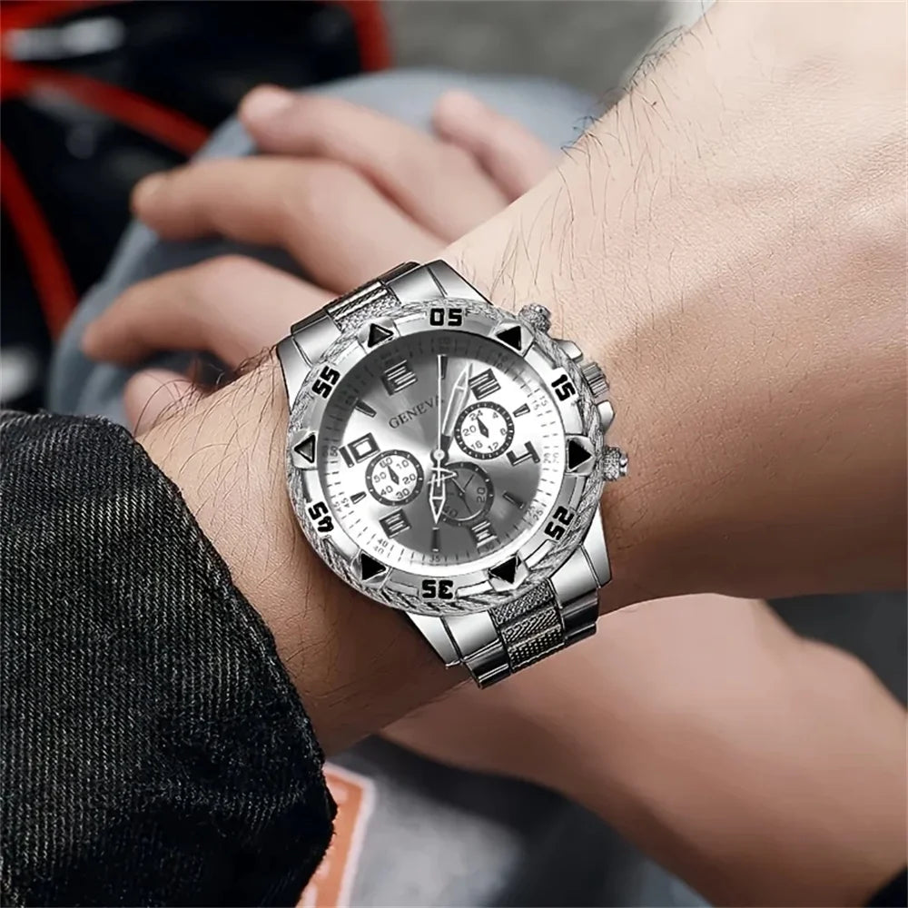 2pcs/set Men Business Watches Fashion Arabic Dial Steel Band Male's Quartz Watch Set (Without Box)