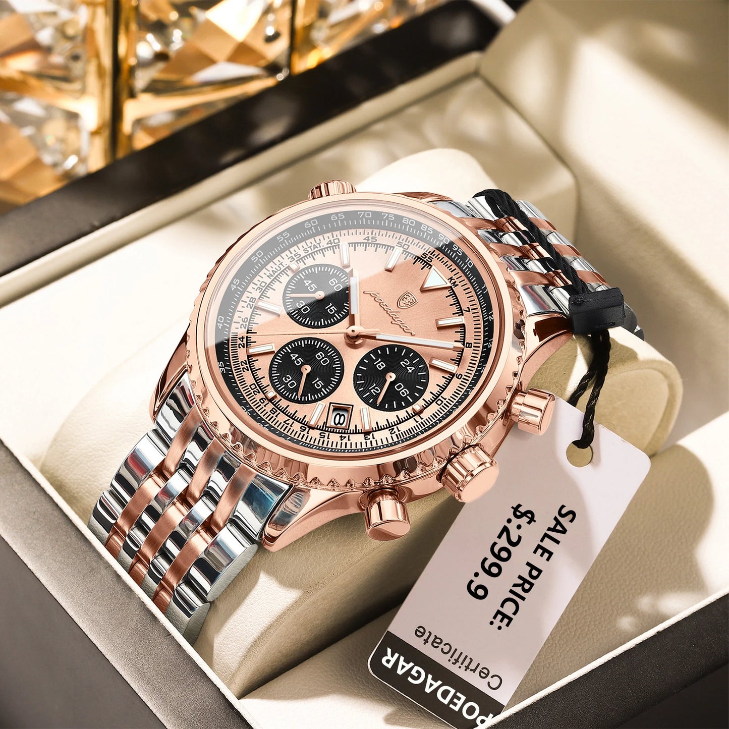 POEDAGAR Business Man Watch Chronograph Date Waterproof Luminous Men's Watches Stainless Steel Trendy Quartz Male Wristwatch Box