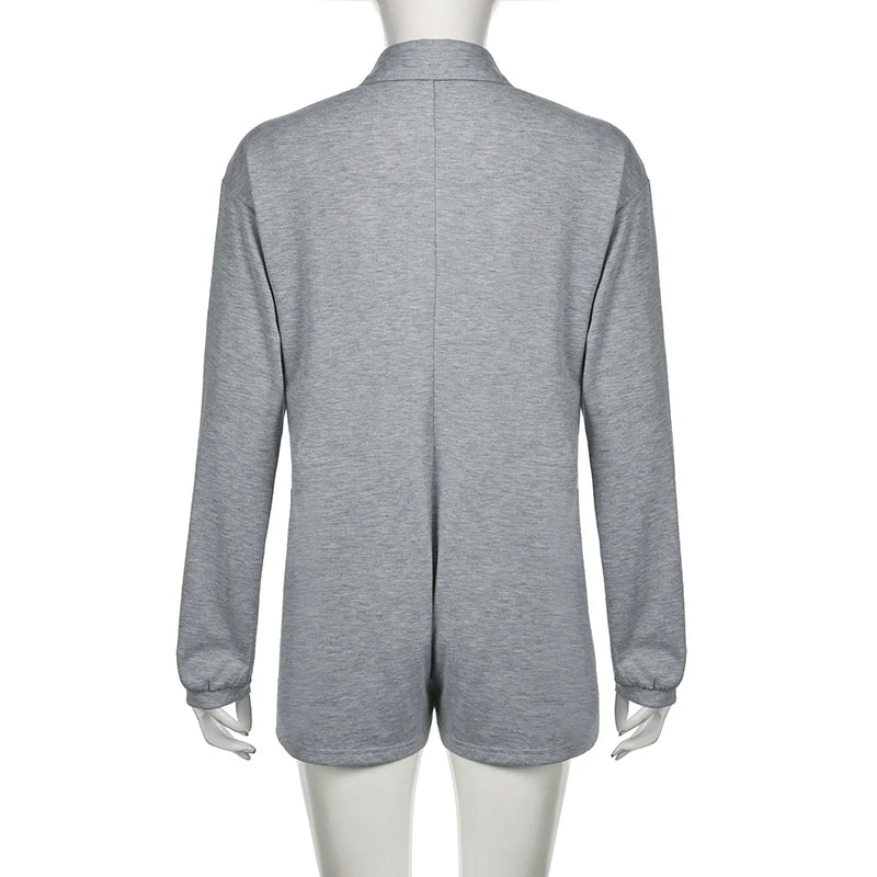 Weekeep Streetwear Grey Loose Rompers Fashion Button Up Full Sleeve Women Playsuits y2k Aesthetic Ladies Solid Outfits Harajuku