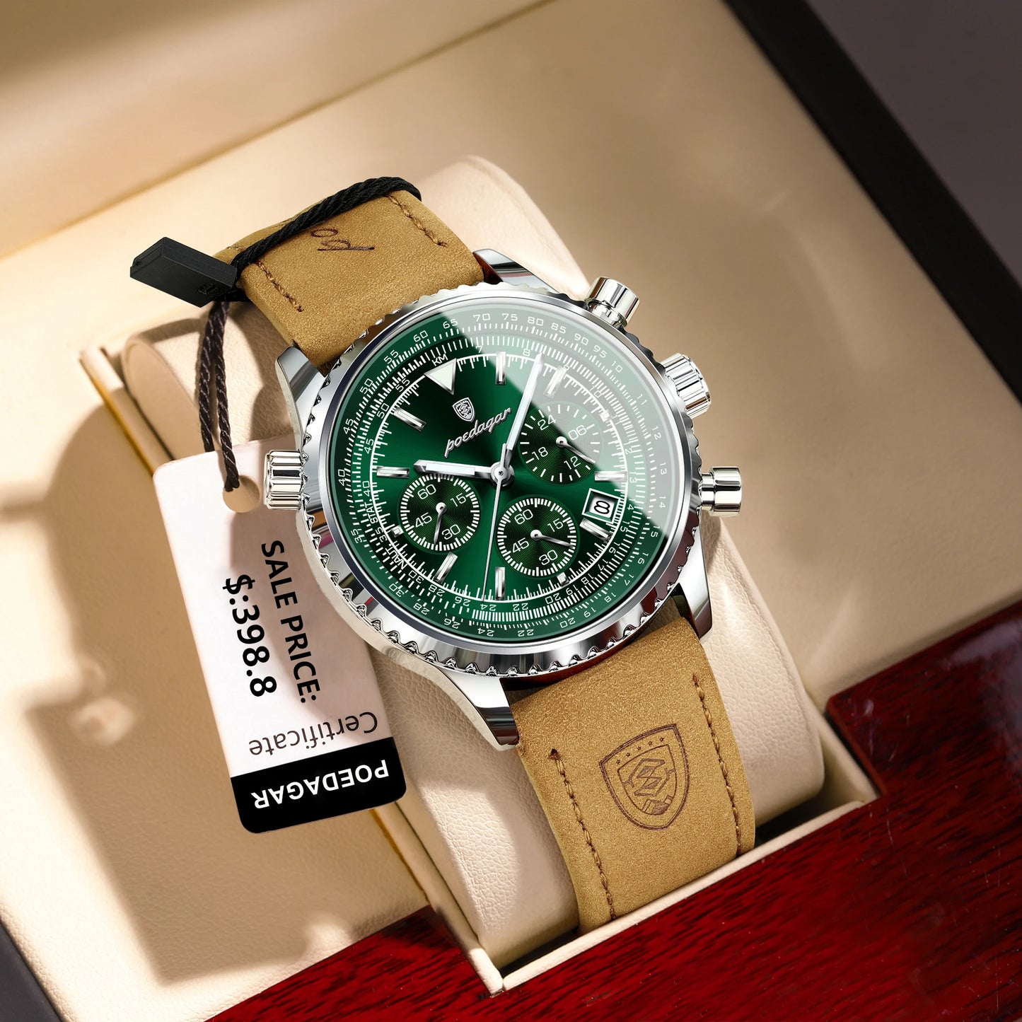 POEDAGAR Luxury Man Watch Quartz Waterproof Luminous Date Chronograph Leather Men Wristwatch