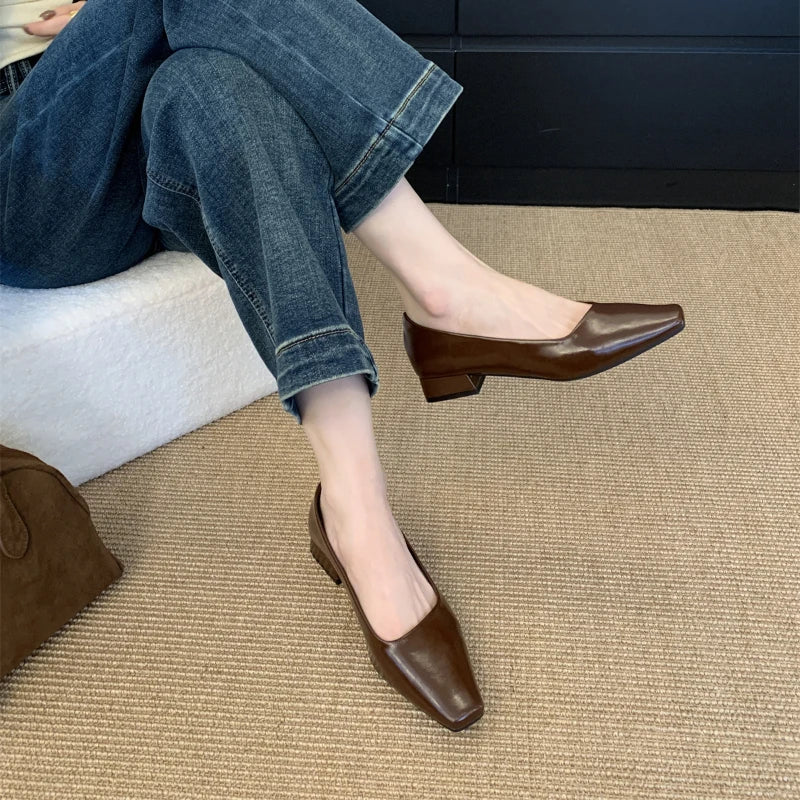 2025 Spring New Woman Elegant Low-heel Shoes Fashion Korean Style Soft Bottom Anti-slippery Simple Retro Versatile Single Shoes