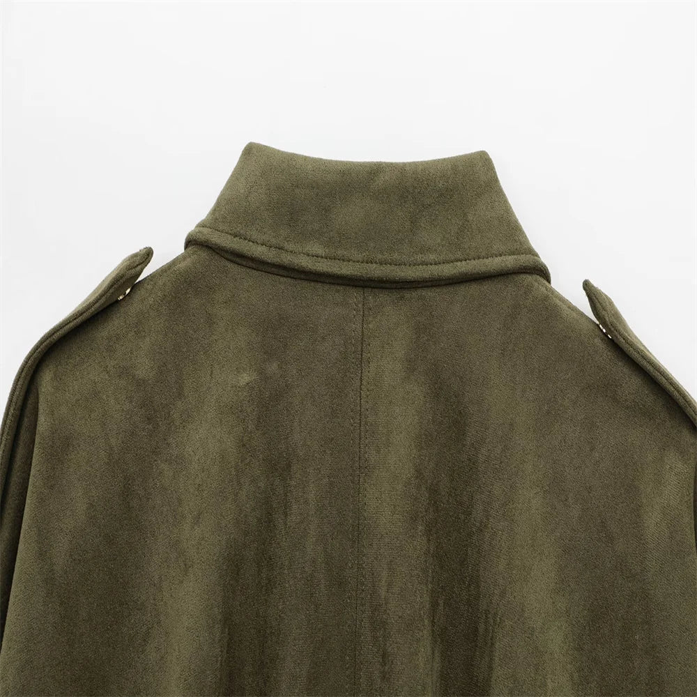 PB&ZA 2025 Women Faux Suede Collared Jacket with Shoulder Straps Loose Fit Stylish Olive Green for Sale on AliExpress