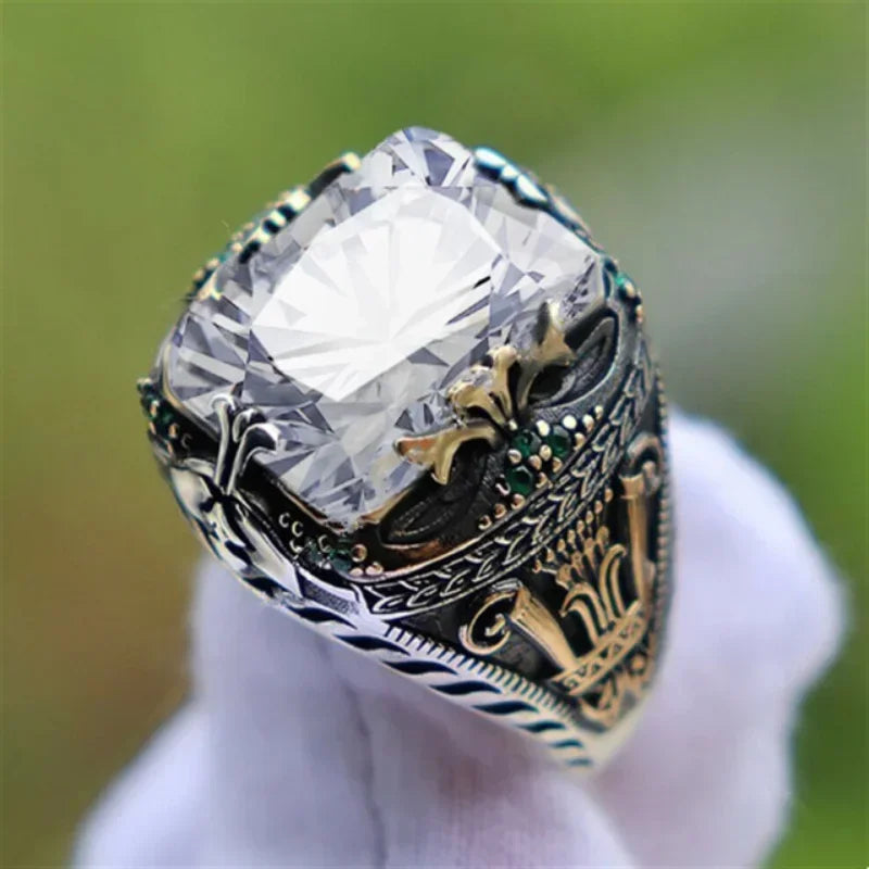 Retro Handmade Turkish Signet Rings for Men Ancient Silver Color Carved Ring