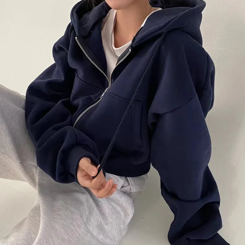 Silhouette Zip-up Warm Navy Blue Hooded Sweatshirt Women