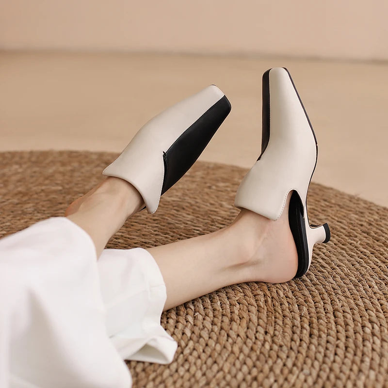 2025 Women Sandals Mixed Colors Quality Genuine Leather Mules High Heels Office Ladies Concise Shoes Woman Spring Summer New