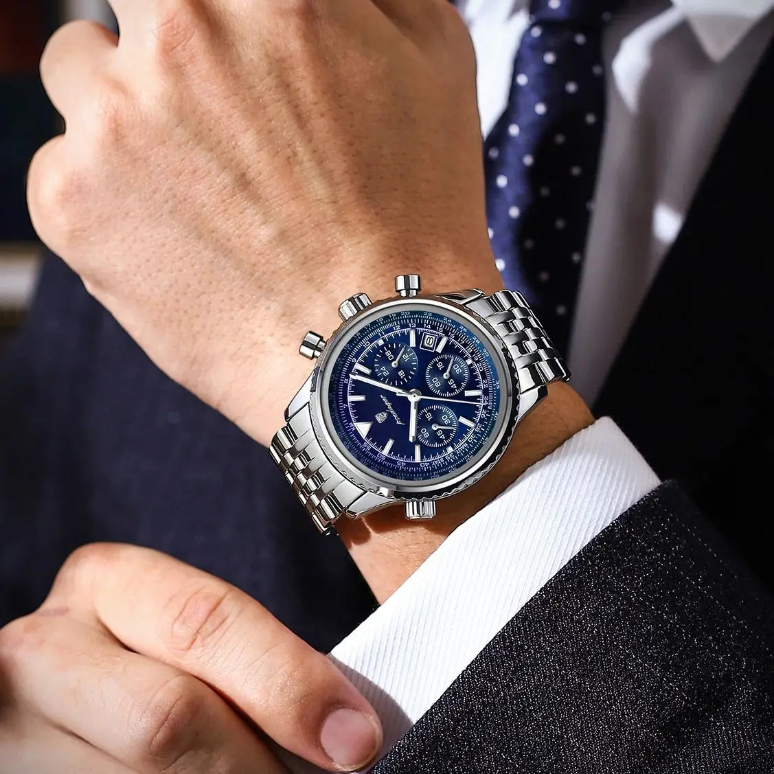 POEDAGAR Business Man Watch Chronograph Date Waterproof Luminous Men's Watches Stainless Steel Trendy Quartz Male Wristwatch Box