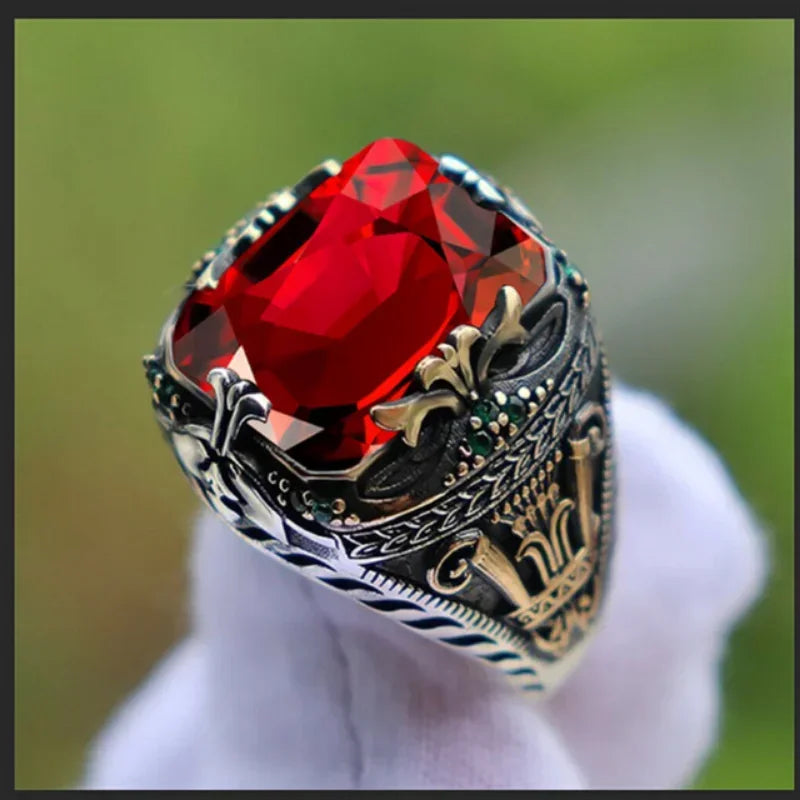 Retro Handmade Turkish Signet Rings for Men Ancient Silver Color Carved Ring