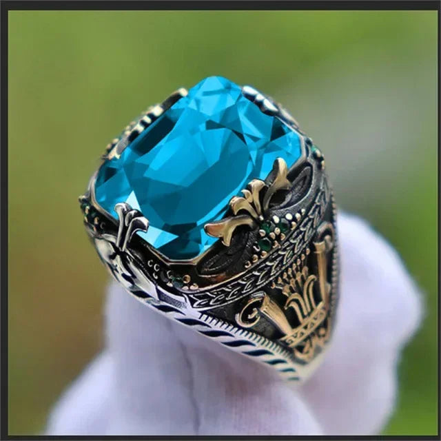 Retro Handmade Turkish Signet Rings for Men Ancient Silver Color Carved Ring