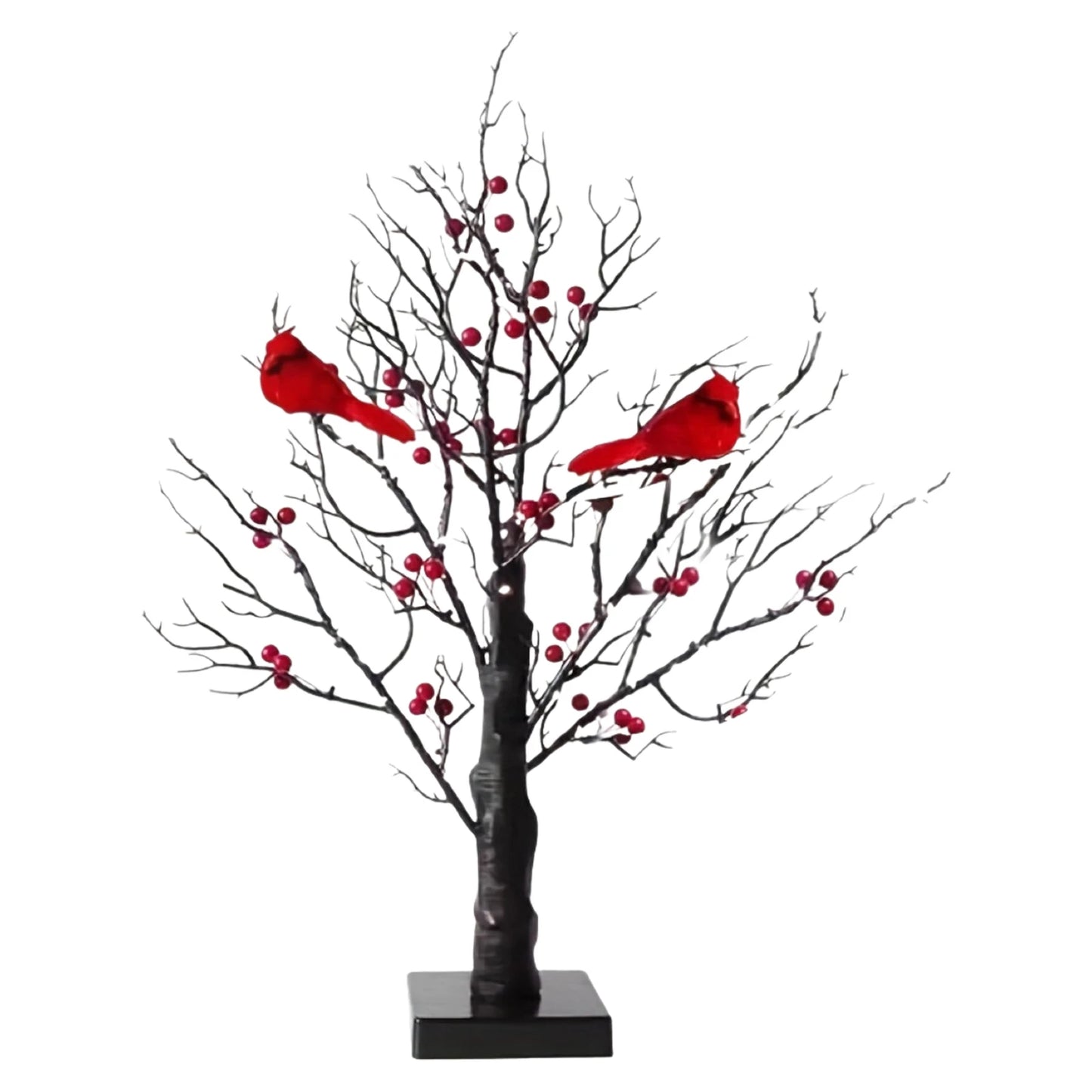 Vintage Glowing Tree with Cardinals Artificial Birch Lighting With Red Berry & Bird Parrots Battery Operated Tabletop Tree Lamp