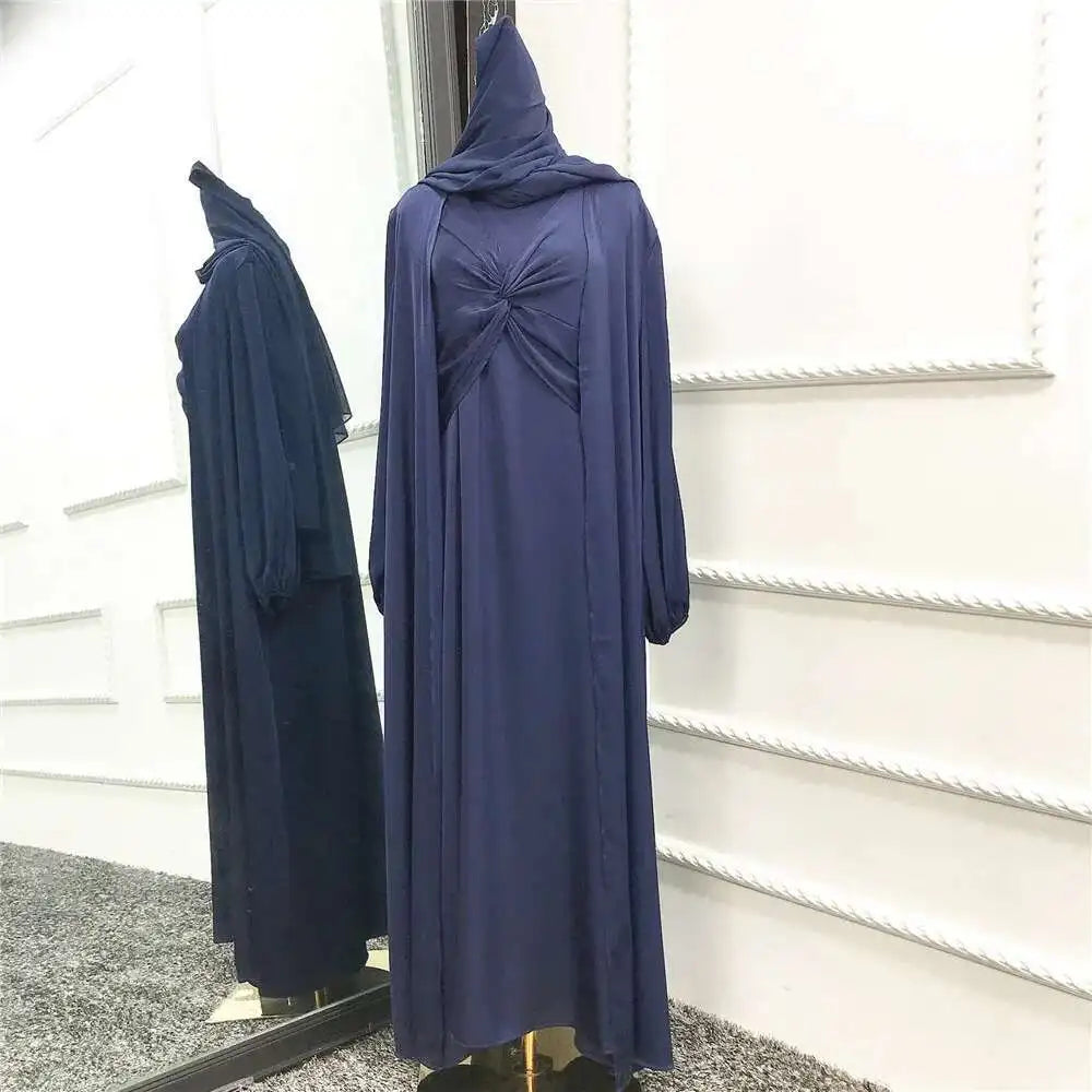 Muslim Hijab Dress Eid Satin Abayas 3 Piece Matching Sets Women Open Turkey Arab Robe Kaftan Kimono Femme Jalabiya Vestidos Gown