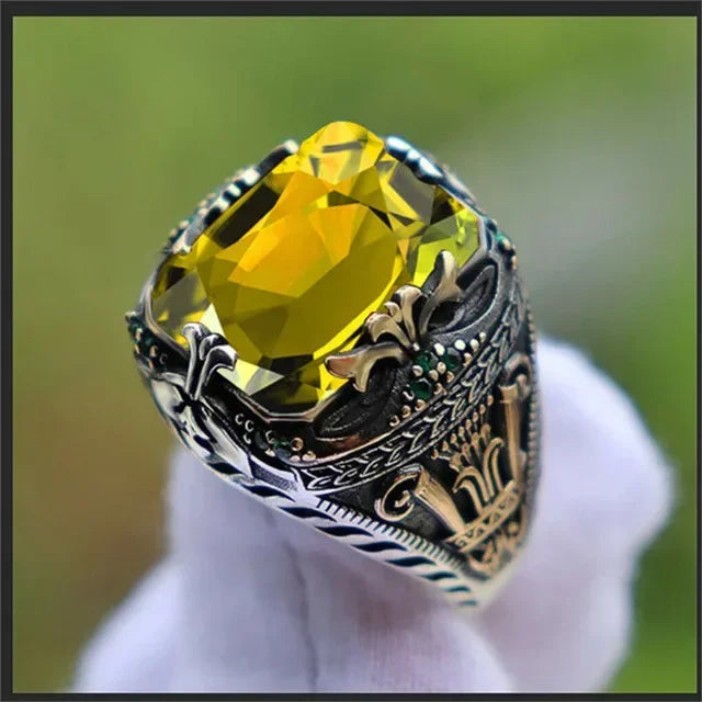 Retro Handmade Turkish Signet Rings for Men Ancient Silver Color Carved Ring