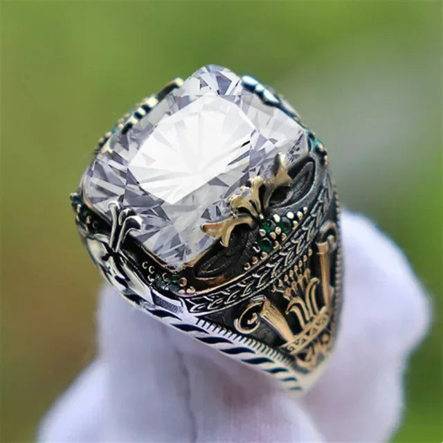 Retro Handmade Turkish Signet Rings for Men Ancient Silver Color Carved Ring