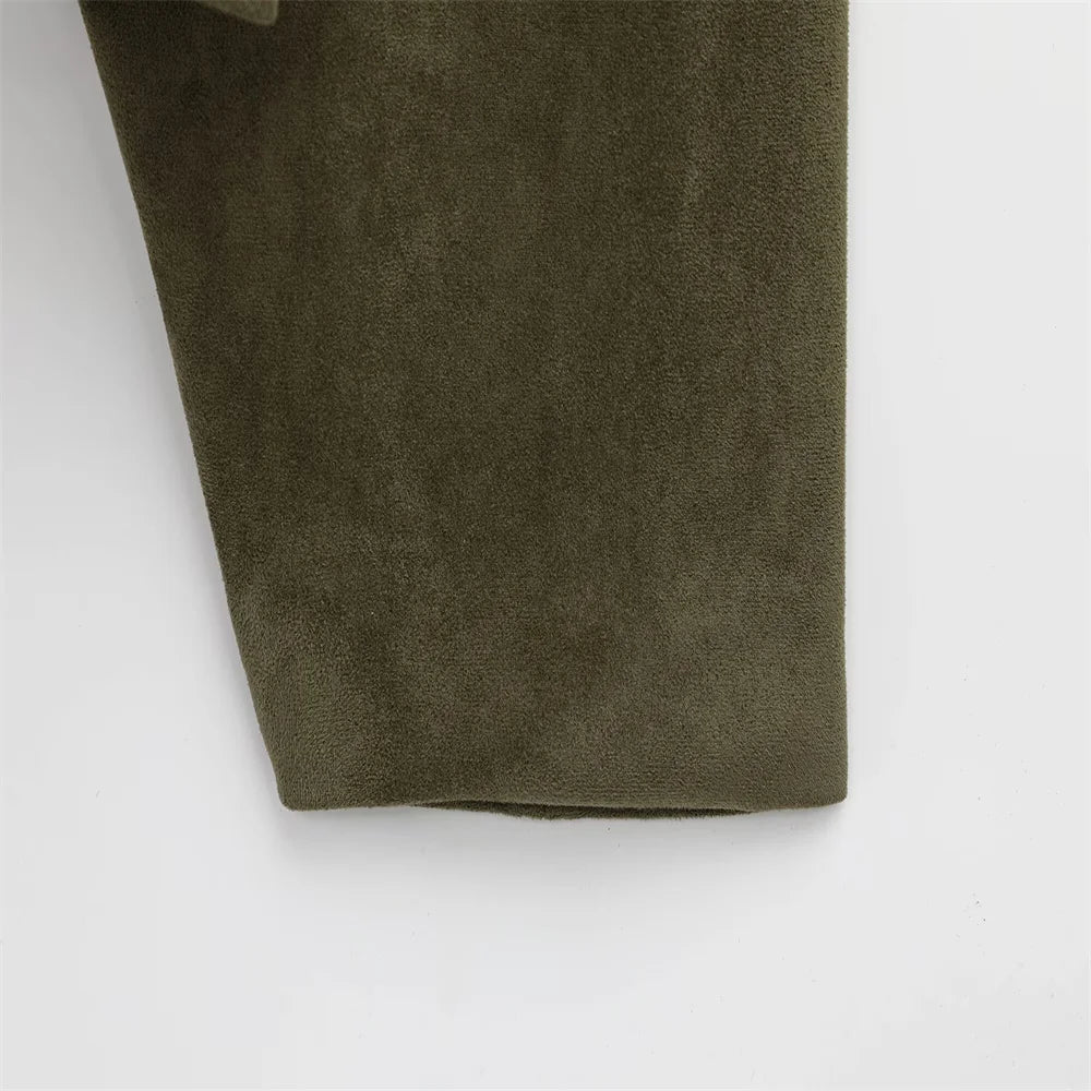 PB&ZA 2025 Women Faux Suede Collared Jacket with Shoulder Straps Loose Fit Stylish Olive Green for Sale on AliExpress