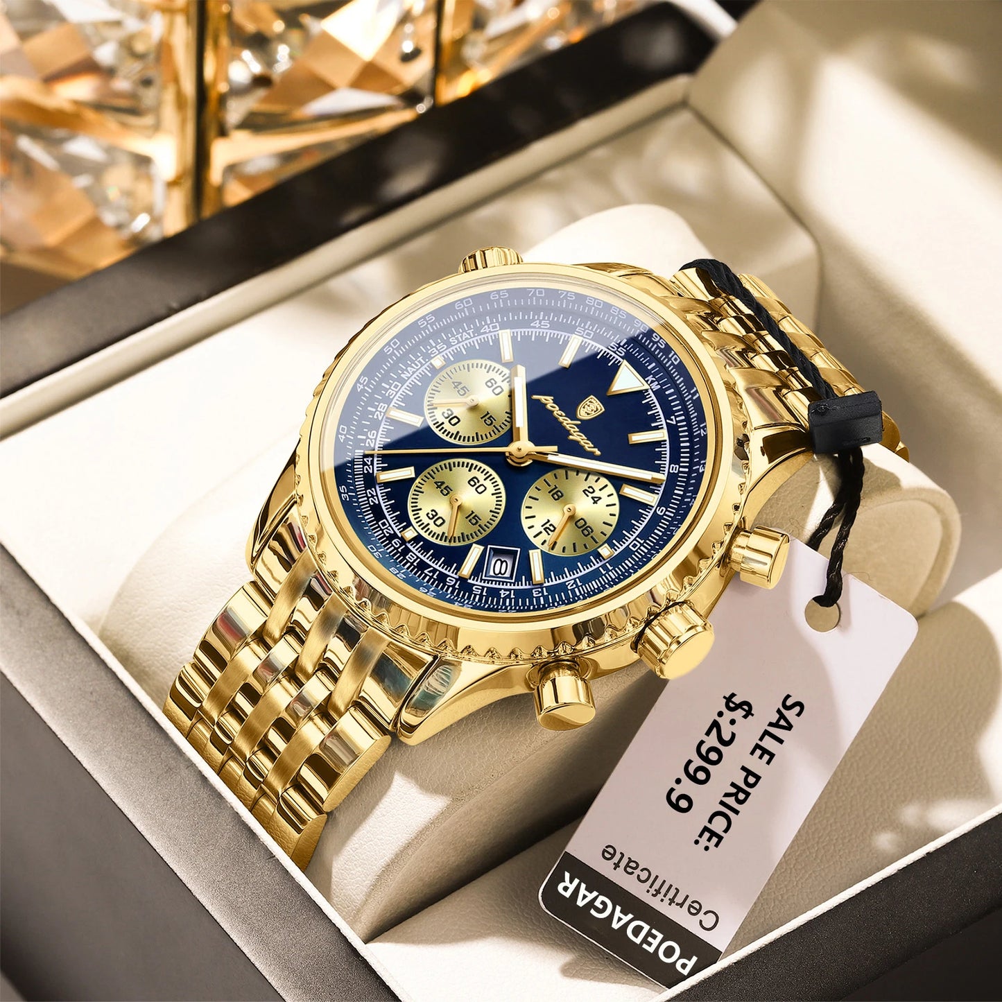 POEDAGAR Business Man Watch Chronograph Date Waterproof Luminous Men's Watches Stainless Steel Trendy Quartz Male Wristwatch Box