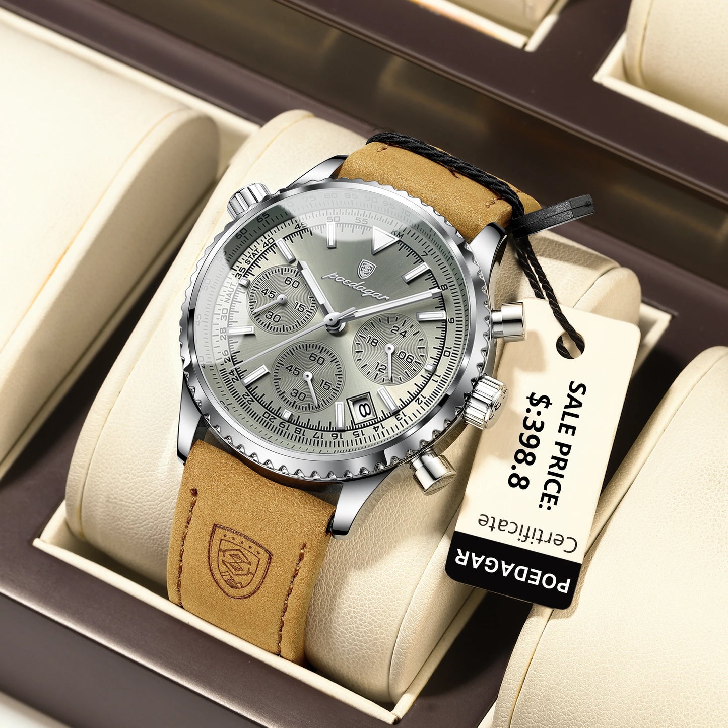 POEDAGAR Luxury Man Watch Quartz Waterproof Luminous Date Chronograph Leather Men Wristwatch