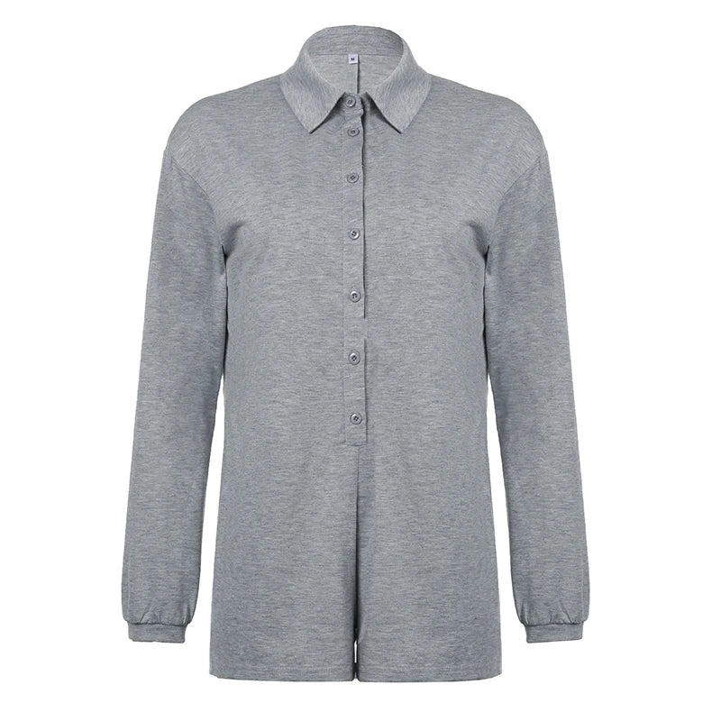 Weekeep Streetwear Grey Loose Rompers Fashion Button Up Full Sleeve Women Playsuits y2k Aesthetic Ladies Solid Outfits Harajuku