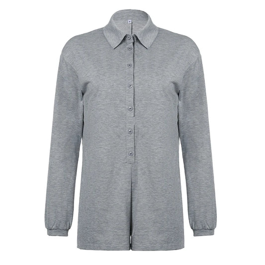 Weekeep Streetwear Grey Loose Rompers Fashion Button Up Full Sleeve Women Playsuits y2k Aesthetic Ladies Solid Outfits Harajuku