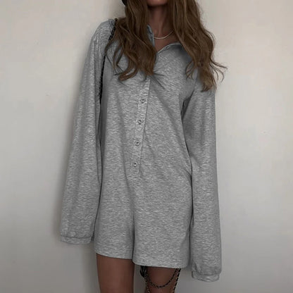 Weekeep Streetwear Grey Loose Rompers Fashion Button Up Full Sleeve Women Playsuits y2k Aesthetic Ladies Solid Outfits Harajuku