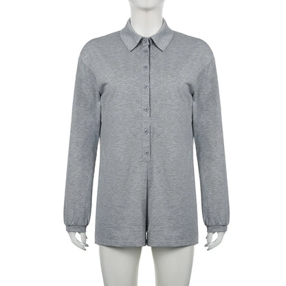 Weekeep Streetwear Grey Loose Rompers Fashion Button Up Full Sleeve Women Playsuits y2k Aesthetic Ladies Solid Outfits Harajuku