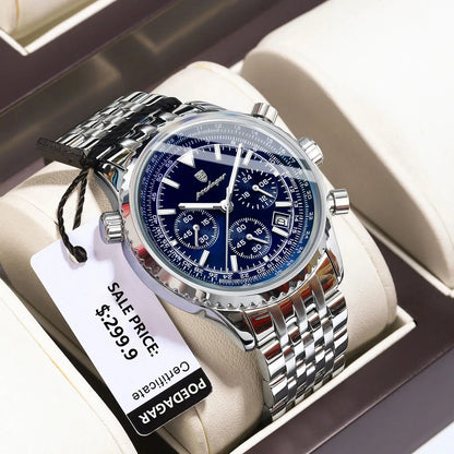 POEDAGAR Business Man Watch Chronograph Date Waterproof Luminous Men's Watches Stainless Steel Trendy Quartz Male Wristwatch Box
