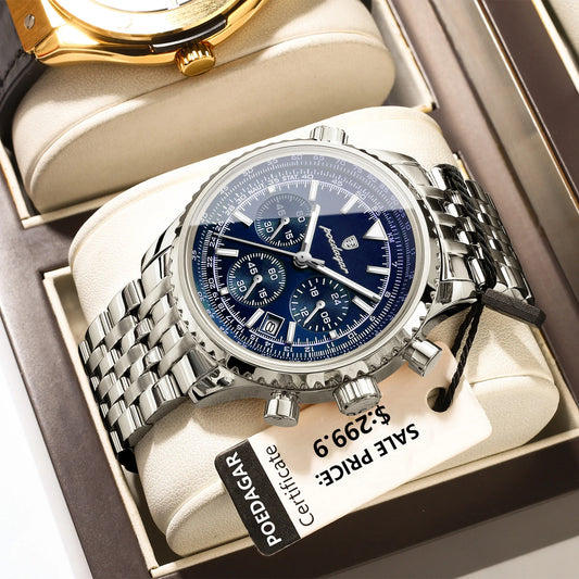 POEDAGAR Business Man Watch Chronograph Date Waterproof Luminous Men's Watches Stainless Steel Trendy Quartz Male Wristwatch Box