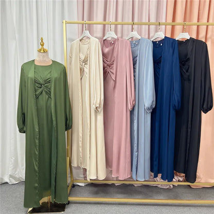 Muslim Hijab Dress Eid Satin Abayas 3 Piece Matching Sets Women Open Turkey Arab Robe Kaftan Kimono Femme Jalabiya Vestidos Gown