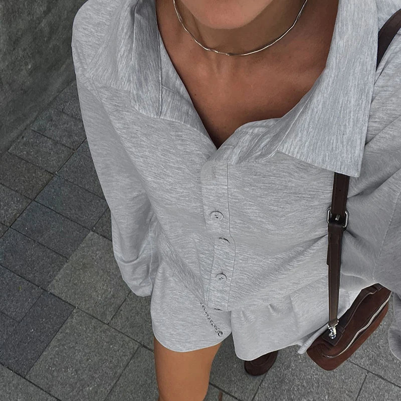 Weekeep Streetwear Grey Loose Rompers Fashion Button Up Full Sleeve Women Playsuits y2k Aesthetic Ladies Solid Outfits Harajuku