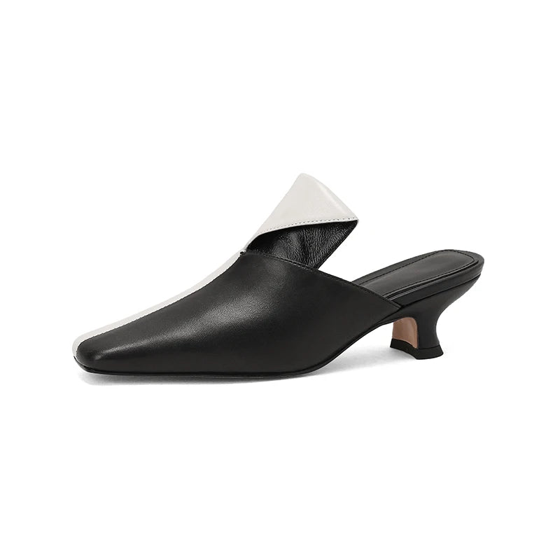 2025 Women Sandals Mixed Colors Quality Genuine Leather Mules High Heels Office Ladies Concise Shoes Woman Spring Summer New