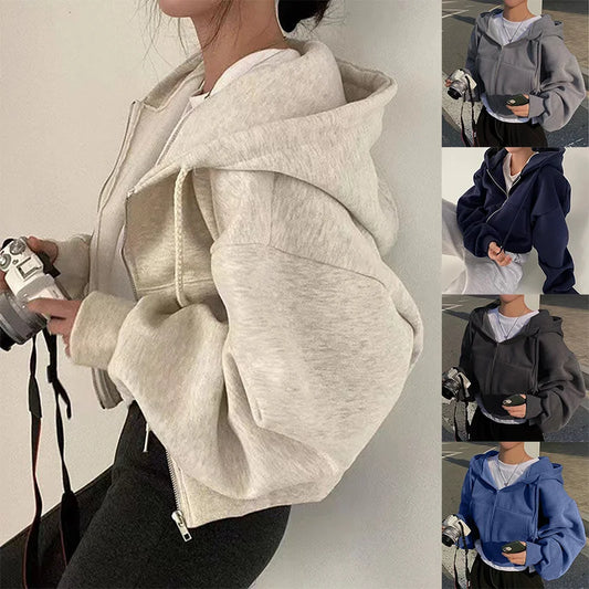 Silhouette Zip-up Warm Navy Blue Hooded Sweatshirt Women