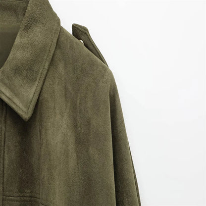 PB&ZA 2025 Women Faux Suede Collared Jacket with Shoulder Straps Loose Fit Stylish Olive Green for Sale on AliExpress