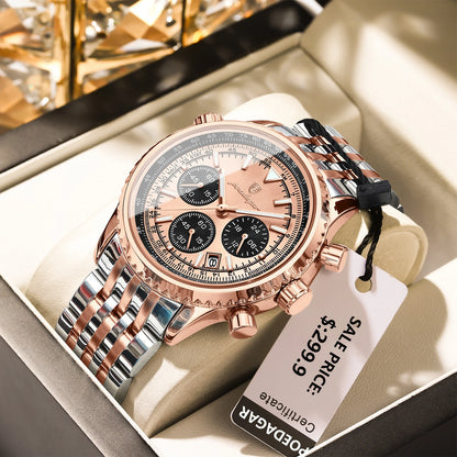 POEDAGAR Business Man Watch Chronograph Date Waterproof Luminous Men's Watches Stainless Steel Trendy Quartz Male Wristwatch Box