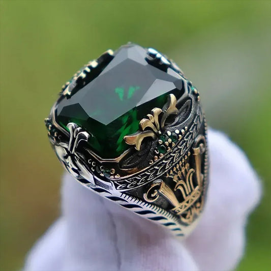 Retro Handmade Turkish Signet Rings for Men Ancient Silver Color Carved Ring