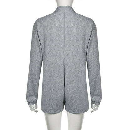 Weekeep Streetwear Grey Loose Rompers Fashion Button Up Full Sleeve Women Playsuits y2k Aesthetic Ladies Solid Outfits Harajuku