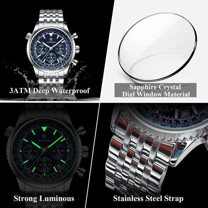 POEDAGAR Business Man Watch Chronograph Date Waterproof Luminous Men's Watches Stainless Steel Trendy Quartz Male Wristwatch Box