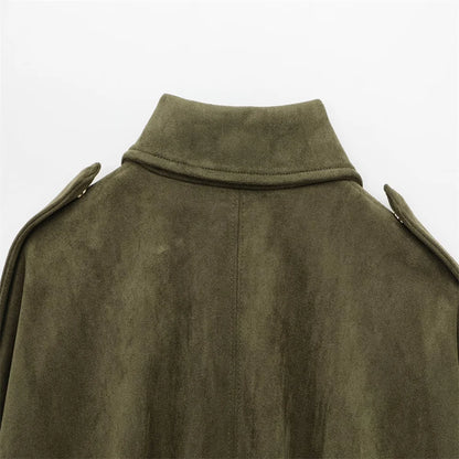 PB&ZA 2025 Women Faux Suede Collared Jacket with Shoulder Straps Loose Fit Stylish Olive Green for Sale on AliExpress